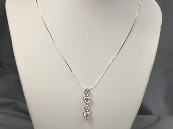 Gorgeous Sterling Silver 18' Necklace With Sterling Silver Drop Pendant With Pink Tourmaline And White Zircons