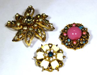 Lot Of Three Vintage Rhinestone Brooches Pins Pink And White