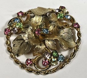 Vintage Pink, Blue, Green Gold Tone Rhinestone Circular Brooch Pin