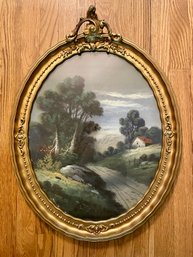 Lovely Antique Reverse Glass Painting In Gilded Oval Frame