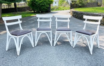 A Set Of 4 Vintage Painted Rattan Side Chairs With Vinyl Seats, Possibly Ficks Reed