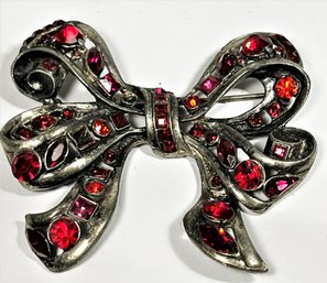 Vintage Silver Tone Large Bow Formed Brooch Red Rhinestones