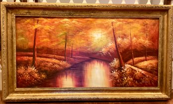 Large Fall Sunset Reflection On Stream Custom Framed Canvas Art
