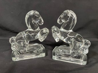 Pair Of Vintage 1940's LE Smith Clear Glass Horse Bookends - 8'L
