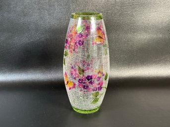 A Lovely Crackle-Glass Vase With A Floral Motif