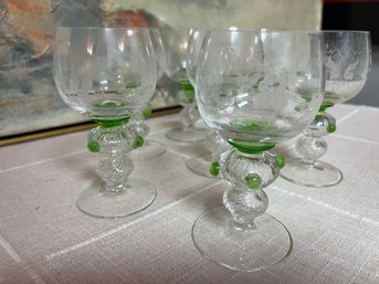 German Cocktail Glasses With Green Glass Detail/Grape Etched Design