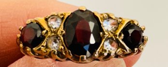 ANTIQUE 9CT GOLD ENGLISH GARNET AND WHITE STONE RING