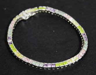 Genuine Gemstones Vintage Sterling Silver Tennis Bracelet, Needs Repair