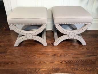 Fabulous Pair Upholstered X Form DANTE X Benches / Stools By SAFAVIEH - Very Nice Silver Nail Head Trim