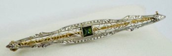 ANTIQUE 14K WHITE GOLD AND GREEN TOURMALINE FILIGREE BROOCH