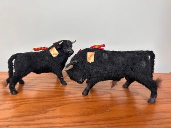 2 Vintage Lifelike Belmonte Bull Matador Fur Covered Figurines - Made In Spain