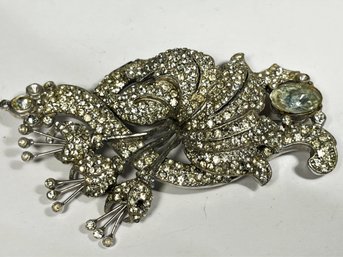 Large 1930s Silver Tone Base Metal Floral White Rhinestone Brooch