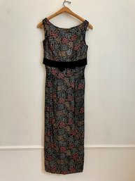 Custom Made Floral Designed Black Long Velvet Dress, XS