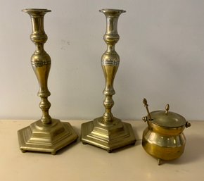 2 Tall Brass Candlesticks & Brass Smudge Pot (R)