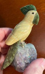 Hand Carved Parrot Sculpture - Semi Precious Stones - Amethyst Geode Base