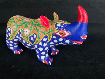 Wood Carving From Oaxaca, Mexico, Signed By The Artist, Is A Richly Imaginative, Creative Rhinosceros