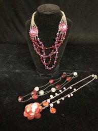 Red And Purple Floral Necklace Lot