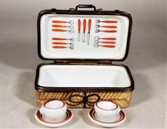 Hand Painted Limoges Patch Box Picnic Basket With Cups And Saucers