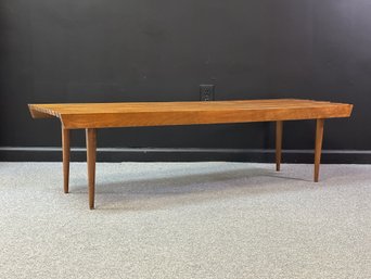 A Gorgeous Mid-Century Slatted Bench On Tapered Legs