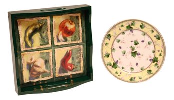 Andre By Sadek Ivy Serving  Plate And Hunter Green Serving Tray With Vegetable Motif