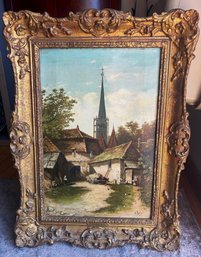 Antique WILLIAM PITT OIL PAINTING- Farmhouse And Church- NO SHIPPING