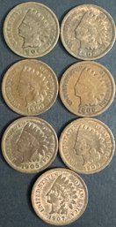 7 Indian Head Pennies 1902, 1903, 1904, 1905, 1906, 1907, 1908