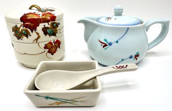 Koransha Arita Ware Teapot, Stacking 2 Tier Bowl With Cover & Square Bowl With Spoon, All From Japan