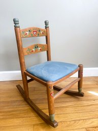 Child's Handpainted, Antique Phoenix Ladder Back Rocking Chair With Upholstered Seat
