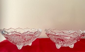 Two Sparkling Mikasa Crystal Holiday Snowflake Triple Footed Bowls