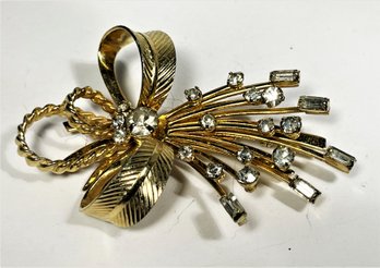 Signed Sarah Coventry Gold Tone Rhinestone Brooch Floral Form