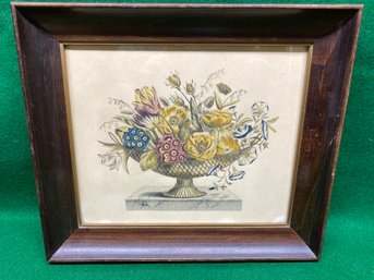Beautiful Antique Framed Victorian Print Of Flowers In Vase. Measures 11 9/16' X 13 5/16'.