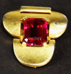 ART DECO GOLD PLATED EARLY CROWN MARK 'TRIFARI' DRESS CLIP RED STONE