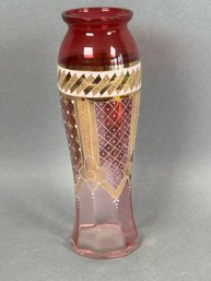 Vintage Enameled Ruby Red Glass Vase