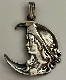 VINTAGE STERLING SILVER MAIDEN IN THE MOON PENDANT
