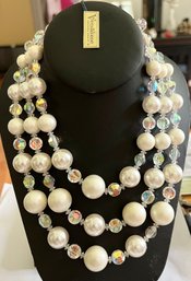 AMAZING VENDOME AURORA & SILK & MATT WHITE BUBBLE 3 STRAND NECKLACE ORIGINAL TAG & PAPER LABEL