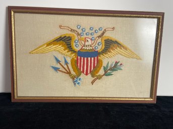 Vintage Crewel Seal Of USA Hand Embroidered Bald Eagle Patriotic Wall Art Framed