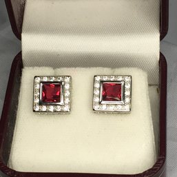 Fantastic Brand New 925 / Sterling Silver Square Earrings With Garnet And White Topaz - Very Lovely Pair