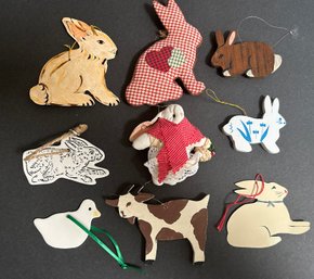 Lot Of 9 Animal Ornaments Wood, Metal, Cloth