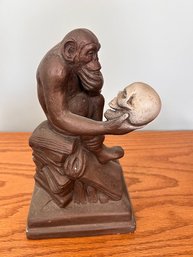 Edward Schillaci 1962 Chalkware Statue - Philosophical Darwin Monkey Holding Skull With Bronze Finish