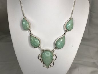 Fantastic 925 / Sterling Silver Drop Necklace With Polished Green Aventurine Cabochons - Very Pretty Piece