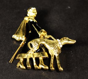 ART DECO REVIVAL 1980S LADY WITH DOG BROOCH BLACK ENAMEL