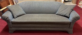 Elegant Sofa In Slate Blue & Gold Stiped Pattern Extra  Custom Made Upholstry Sofa Includes Extra Fabric Roll