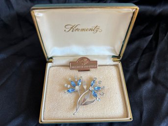 Krementz Vintage 14 Kt. Rolled Gold Overlay Floral Pin With Blue & White Stones
