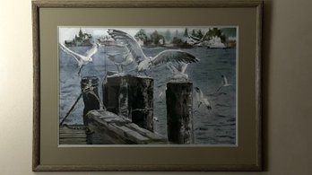 Pastel Art Of Seagulls On Dock - Artist Signed