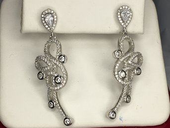 Lovely 925 / Sterling Silver Chandelier Earrings - With Sparkling White Zircons - Brand New - Never Worn