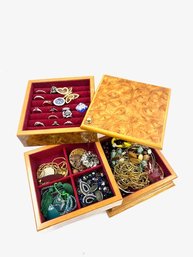 Vintage 3 Tier Swivel Burlwood Jewelry Box By Mele Plus Contents