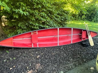 Red 17' Tandem Canoe With Wooden Oars
