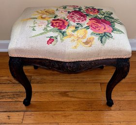 Antique French Louis XV Late 18th Century Carved Walnut Tabouret / Footstool With Needlepoint Embroidery