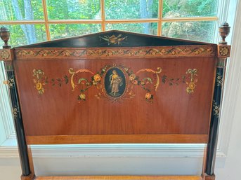 Antique French Bed With Satinwood Inlay & Hand Painted Decor- Lady With Flowers