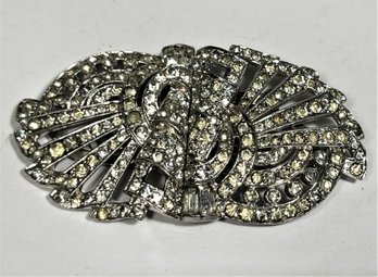 Antique Silver Tone White Rhinestone Patented Duet Brooch